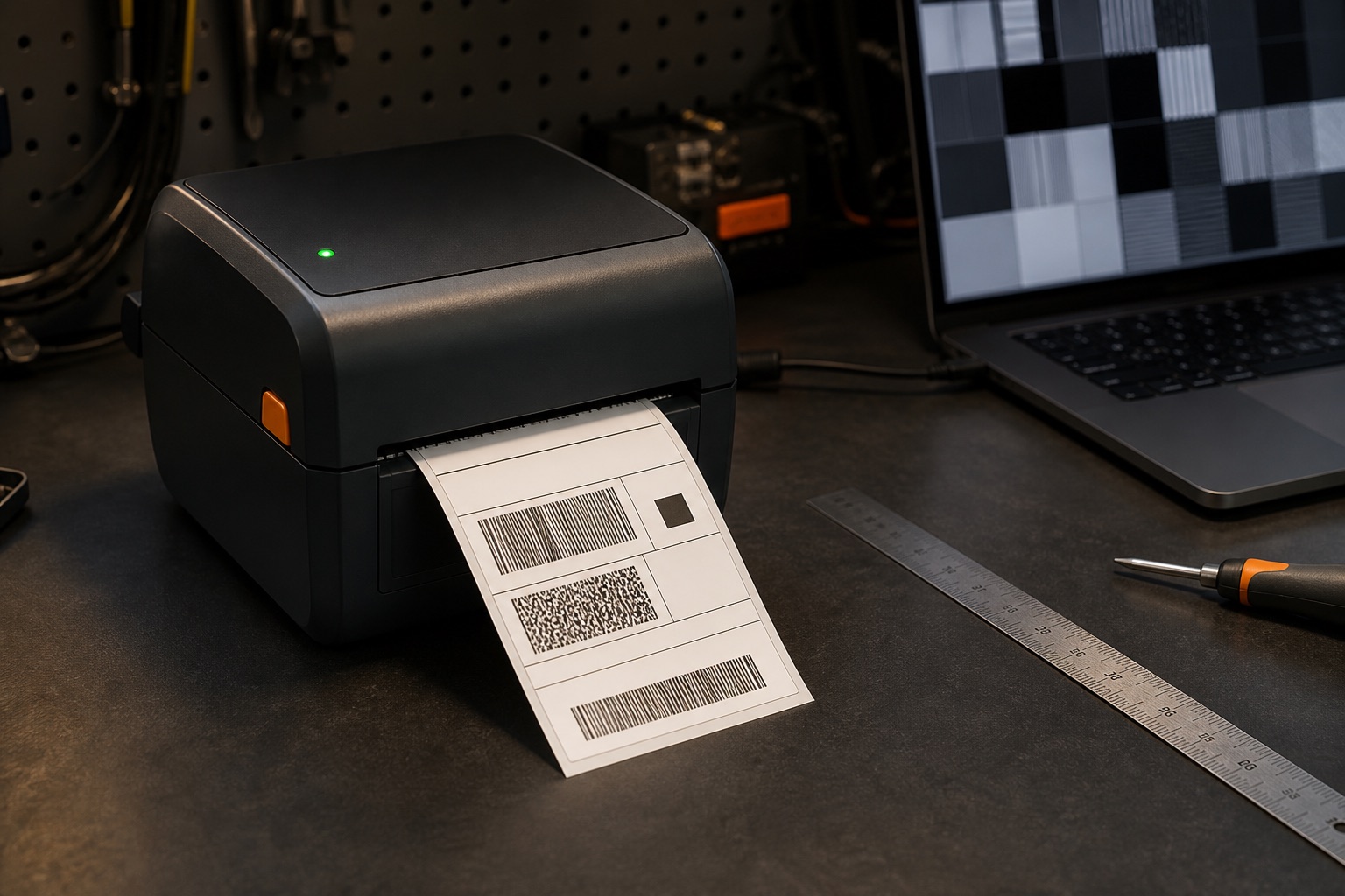 A thermal label printer completing a measured one-label engineering test